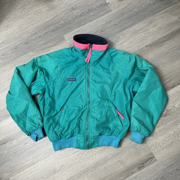 Vintage Columbia Coat Adult Size Medium Teal Green Fleece Lined Zip 90s - Picture 1 of 5